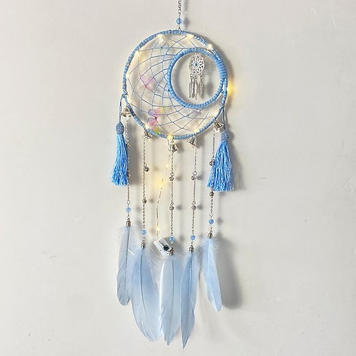 

Blue Moon Dream Catcher Four-ring Handmade Gift with White Blue Feather Wall Hanging Decor Art Wind Chimes Boho Style Car Hanging Home Pendant