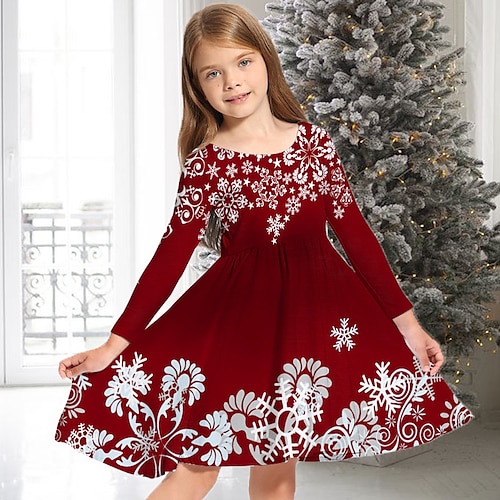 

Kids Girls' Snowflake Party Dress Casual Dress Gifts Casual Crewneck Wine Above Knee Long Sleeve Adorable Dresses Winter Fall Regular Fit 2-13 Years