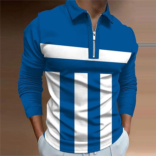 

Men's Collar Polo Shirt Golf Shirt World Cup 2022 Sports Turndown Blue 3D Print Outdoor Sports Long Sleeve Zipper Print Clothing Apparel Fashion Designer Casual Breathable