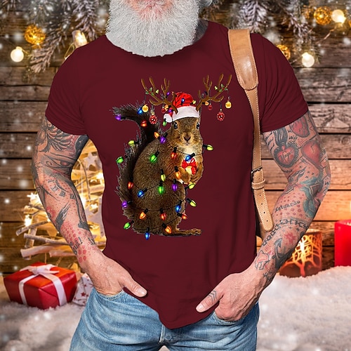 

Men's T shirt Tee Graphic Tees Christmas t shirts Squirrel Crew Neck Wine Olive Green Black Blue Pink Christmas Holiday Short Sleeve Print Clothing Apparel Lightweight Casual Comfortable / Fall
