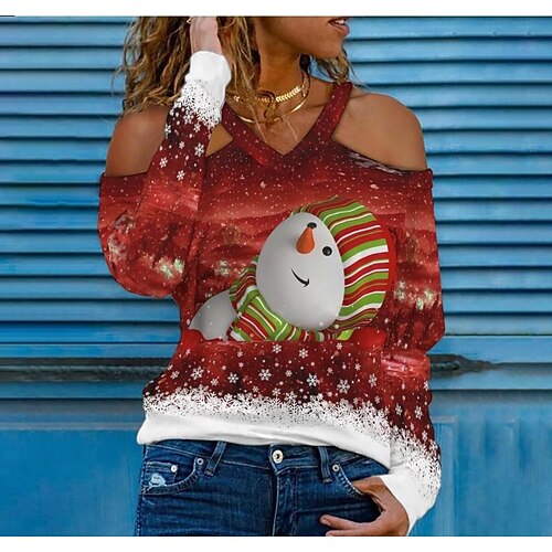 

Women's T shirt Tee Green Purple Yellow Snowman Snowflake Cold Shoulder Print Long Sleeve Christmas Weekend Basic V Neck Regular Painting S