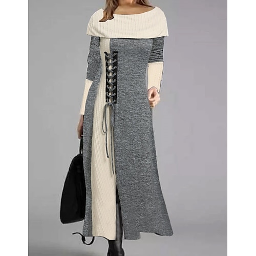 

Women's Sweater Dress Knit Dress Maxi long Dress Dark Gray Long Sleeve Color Block Patchwork Split Fall Winter Crew Neck Stylish Modern 2022 S M L XL XXL 3XL