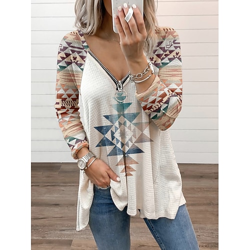 

Women's T shirt Tee Khaki Geometric Flowing tunic Quarter Zip Long Sleeve Daily Basic V Neck Regular Geometric Painting S