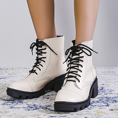 

Women's Boots Daily Combat Boots Booties Ankle Boots Winter Chunky Heel Round Toe Casual Minimalism PU Leather Lace-up Solid Colored Beige