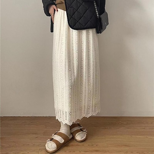 

Women's Skirt Midi Polyester Creamy-white Black Skirts Lace Fashion Casual Daily Weekend One-Size