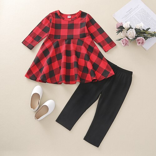 

2 Pieces Toddler Girls' Plaid Clothing Set Set Long Sleeve Fashion Outdoor Cotton 3-7 Years Winter Red / Fall / Above Knee