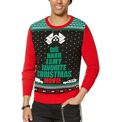

Men's Sweater Ugly Christmas Sweater Pullover Sweater Jumper Ribbed Knit Cropped Knitted Letter Crew Neck Keep Warm Modern Contemporary Christmas Work Clothing Apparel Fall & Winter Red S M L