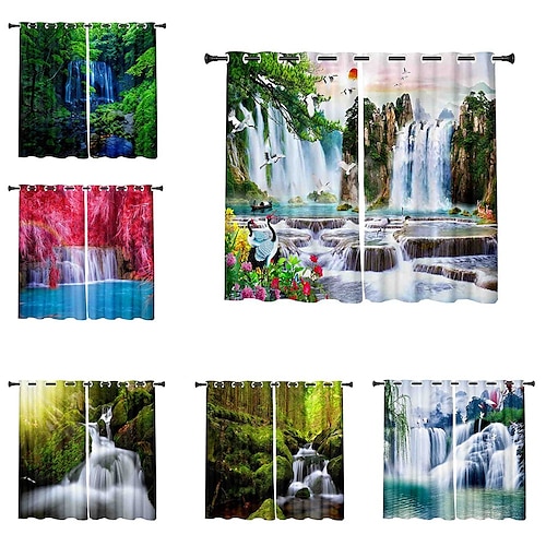 

3D Print Blackout Curtain Feather Print Curtain Drapes for Living Room Thermal Insulated Grommet Window Curtains for Bedroom Waterfall Natural Scenery