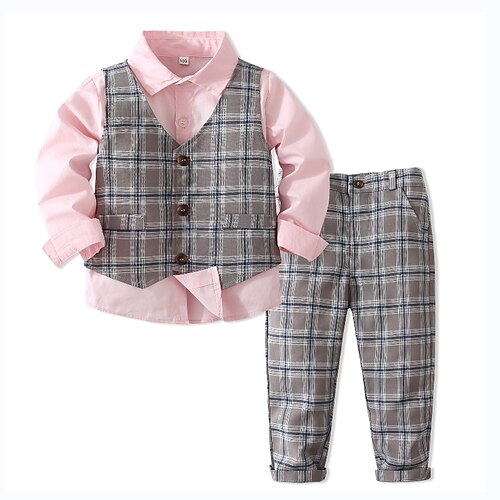

4 Pieces Toddler Boys Shirt & Pants Outfit Plaid Long Sleeve Set Party Fashion Cool Winter Fall 3-7 Years Pink