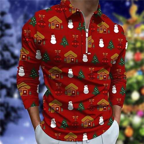 

Men's Collar Polo Shirt Golf Shirt Tree Snowman House Turndown Wine 3D Print Christmas Street Long Sleeve Zipper Print Clothing Apparel Fashion Designer Casual Breathable