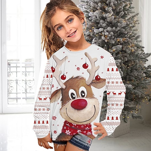 

Kids Girls' Ugly Christmas Sweater / Sweatshirt T shirt Long Sleeve 3D Printing Animal Elk Crewneck White Children Tops Winter Fall Active Cute Christmas Gifts Casual Christmas Regular Fit 7-13 Years