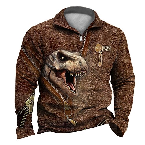 

Men's Zip Up Sweatshirt Pullover Quarter Zipper Sweatshirt Brown Half Zip Dinosaur Graphic Prints Zipper Print Daily Sports 3D Print Designer Casual Big and Tall Spring & Fall Clothing Apparel