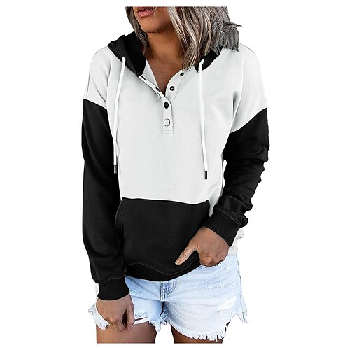 

Women's Hoodie Sweatshirt Pullover Basic Button Front Pocket claret ArmyGreen Black Color Block Street Hoodie Long Sleeve S M L XL 2XL
