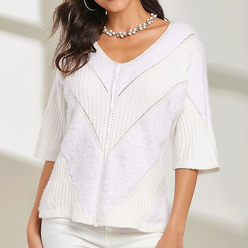 

Women's Pullover Sweater jumper Jumper Ribbed Knit Knitted Color Block V Neck Stylish Casual Outdoor Daily Winter Fall White S M L / Regular Fit / Going out