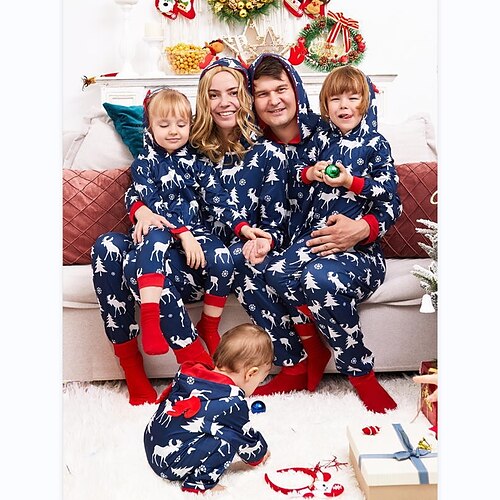 

Family Look Christmas Pajamas Deer Christmas Tree Home Deep Blue Long Sleeve Basic Matching Outfits