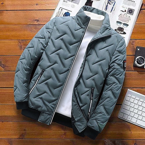 

Men's Winter Jacket Puffer Jacket Winter Coat Windproof Warm Casual Daily Wear Stripes and Plaid Outerwear Clothing Apparel Black Light Green Gray / Fall