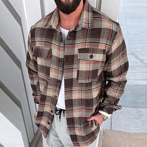 

Men's Coat With Pockets Daily Wear Vacation Going out Single Breasted Turndown Streetwear Casual Daily Outdoor Jacket Outerwear Plaid Print Khaki