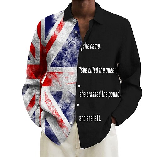 

Men's Shirt Letter National Flag Turndown Black 3D Print Outdoor Street Long Sleeve Button-Down Print Clothing Apparel Fashion Designer Casual Breathable