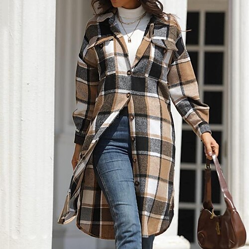 

Women's Winter Coat Warm Breathable Outdoor Daily Wear Vacation Going out Pocket Print Single Breasted Turndown Active Comfortable Street Style Shacket Plaid Regular Fit Outerwear Long Sleeve Winter