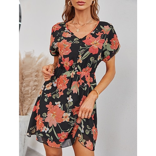 

Women's Chiffon Dress Knee Length Dress Orange White Black Short Sleeve Print Print Summer V Neck Casual Boom Sale Dress S M L XL