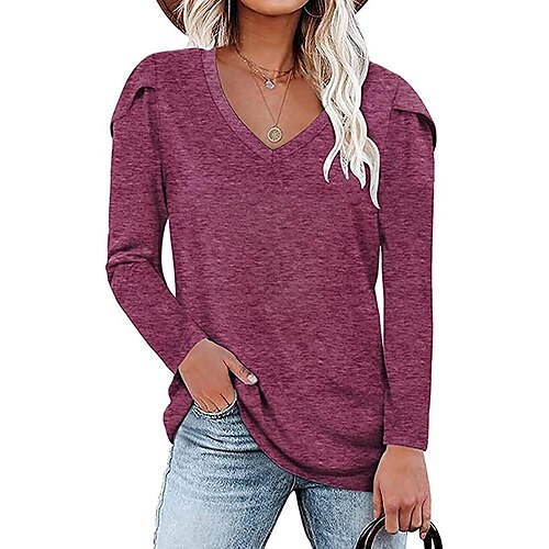 

Independent Station Wish2022 Europe And The United States New Long-Sleeved Tile-Sleeved Solid Color V-Neck Loose Pullover T-Shirt Top Women