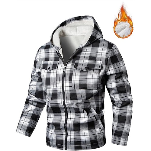 

Men's Shirt Jacket Fleece Shirt Hoodie Jacket Warm Casual Jacket Outerwear Plaid / Check Black White Fall Winter