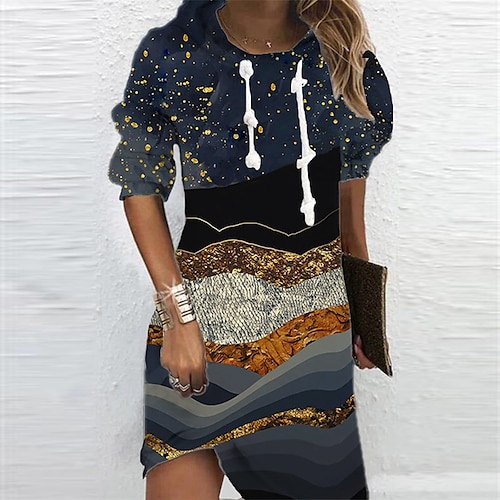 

Women's Hoodie Dress Winter Dress Blue Long Sleeve Color Gradient Print Winter Fall Hooded Vacation Casual Fall Dress 2022 S M L XL XXL 3XL