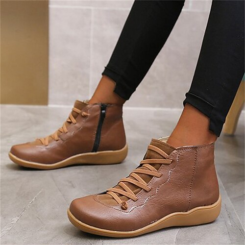 

Women's Boots Outdoor Daily Plus Size Booties Ankle Boots Lace-up Flat Heel Round Toe Casual Industrial Style PU Leather Zipper Solid Colored Black Green Red