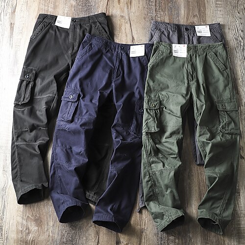 

Men's Cargo Pants Trousers Multi Pocket Straight Leg Solid Color Comfort Breathable Full Length Casual Daily Going out 100% Cotton Sports Stylish Grass Green Navy Blue High Waist Inelastic