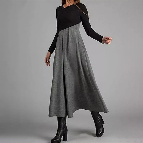 

Women's Casual Dress Swing Dress Long Dress Maxi Dress Blue Camel Gray Long Sleeve Color Block Ruched Winter Fall Autumn Crew Neck Winter Dress Weekend Fall Dress 2022 S M L XL XXL 3XL 4XL