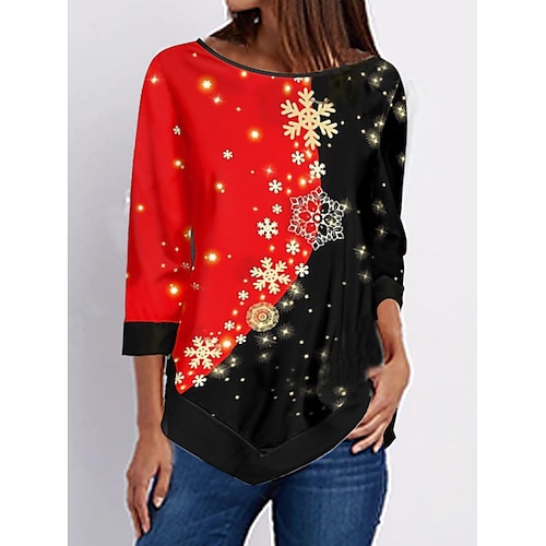 

Women's Blouse Shirt Black Wine Red Christmas Tree Snowflake Asymmetric Print Long Sleeve Holiday Casual Christmas Round Neck Regular S