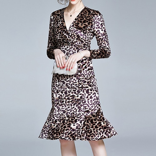

Women's Work Dress Sheath Dress Midi Dress Brown Long Sleeve Leopard Ruffle Winter Fall Autumn V Neck Modern Winter Dress Fall Dress 2022 M L XL 2XL