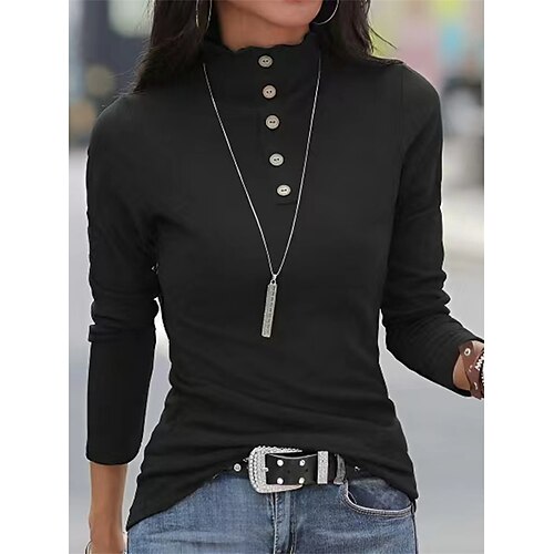 

Women's Shirt Green Blue Pink Plain Button Long Sleeve Casual Streetwear High Neck Regular S