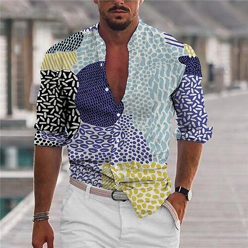 

Men's Shirt Graphic Prints Stand Collar Blue 3D Print Outdoor Street Long Sleeve Button-Down Print Clothing Apparel Fashion Designer Casual Breathable