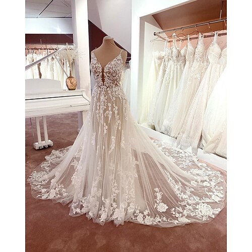

A-Line Wedding Dresses Spaghetti Strap Chapel Train Lace Tulle Sleeveless Formal Sexy with Appliques 2022