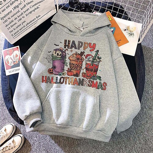 

Women's Hoodie Sweatshirt Pullover Basic Front Pocket Red Gray White Graphic Hallowthankmas Street Hoodie Long Sleeve S M L XL 2XL 3XL