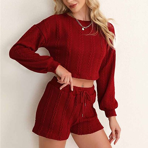 

Women's Loungewear Sets Winter Nighty 2 Pieces Pure Color Fashion Sport Comfort Home Street Airport Knit Warm Crew Neck Long Sleeve Sweater Shorts Fall Spring Green Blue