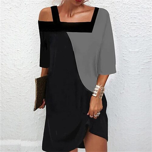 

Women's Casual Dress Shift Dress Knee Length Dress Black Half Sleeve Pure Color Patchwork Spring Summer One Shoulder Stylish Casual 2022 S M L XL 2XL 3XL