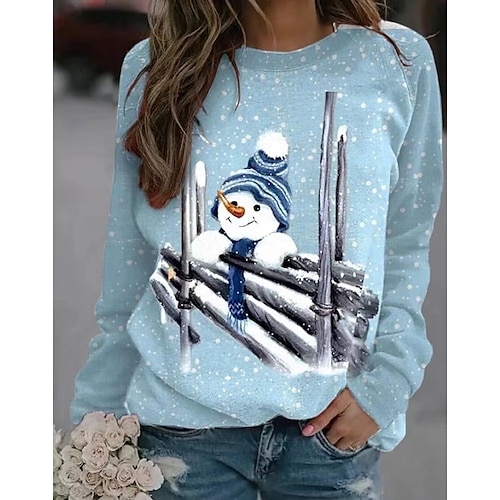 

Women's Sweatshirt Casual Christmas Blue Snowman Snowflake Christmas Round Neck Long Sleeve S M L XL XXL 3XL