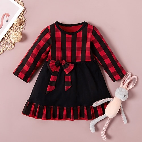 

Kids Girls' Dress Plaid A Line Dress Asymmetrical Dress Outdoor Cotton Long Sleeve Fashion Dress 3-7 Years Winter Red / Fall