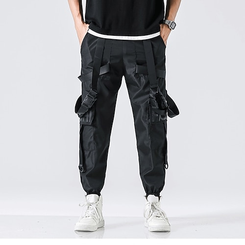 

Men's Cargo Pants Trousers Elastic Waist Multi Pocket Ribbon Solid Color Comfort Breathable Full Length Casual Daily Going out Sports Stylish Black