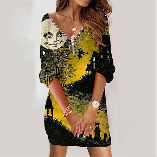 

Women's Sweatshirt Dress Winter Dress Yellow Long Sleeve Print Zipper Print Winter Fall V Neck Vacation Casual Fall Dress Loose Fit 2022 S M L XL XXL 3XL / Halloween