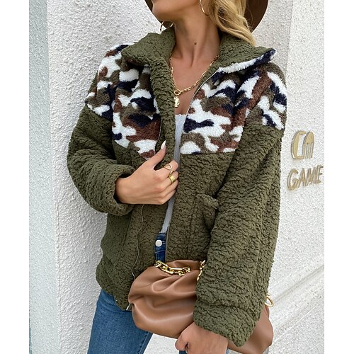 

Women's Fleece Jacket Streetwear Pocket Zip Up Green Camel Leopard Camouflage Street Hoodie Long Sleeve Fleece S M L XL 2XL