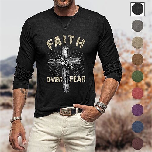 

Men's T shirt Tee Graphic Prints Cross Crew Neck Green Black Blue Purple Red Hot Stamping Street Daily Long Sleeve Print Clothing Apparel Fashion Designer Casual Comfortable / Sports