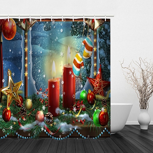 

Christmas Shower Curtain with Hooks,Christmas Santa Claus Christmas Tree Christmas Ball Snowman Christmas Household Bathroom Adornment Anti Water Bath Curtain Hook Modern Polyester Processing