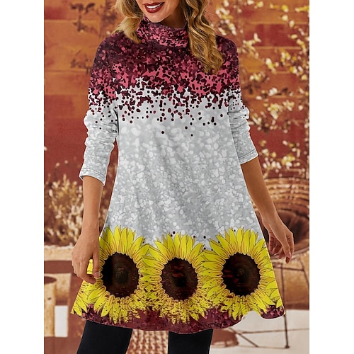 

Women's Blouse Shirt Yellow Floral Flowing tunic Print Long Sleeve Christmas Casual Streetwear Christmas High Neck Long Floral S