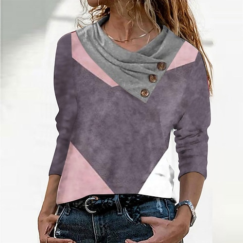 

Women's Blouse Green Black Purple Print Long Sleeve Holiday Casual Regular S