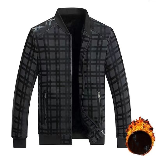 

Men's Bomber Jacket Faux Leather Jacket Durable Casual / Daily Daily Wear Vacation To-Go Zipper Standing Collar Warm Ups Comfort Leisure Jacket Outerwear Plaid Pocket Black