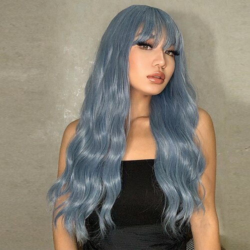 

Synthetic Wig Bouncy Curl With Bangs Wig 24 inch Lake Blue Synthetic Hair Women's Elastic Comfortable Comfy Blue / Daily Wear / Party / Evening