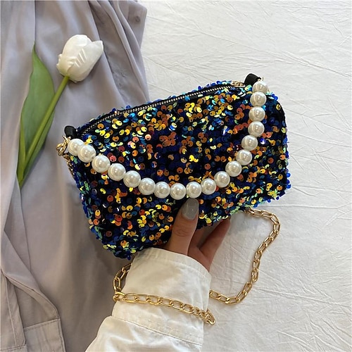 

2022 new summer foreign style small bag korean version of the trendy fashion pearl diagonal sequins small square bag under the arm hand bag